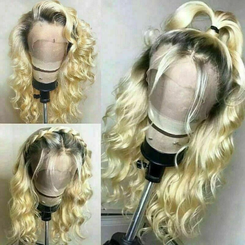 Luxury Remy Platinum Blonde Ombre 100% Human Hair Swiss 13x4 Lace Front Glueless Wig Wavy Curly U-Part, 360 Or Full Lace Upgrade Available