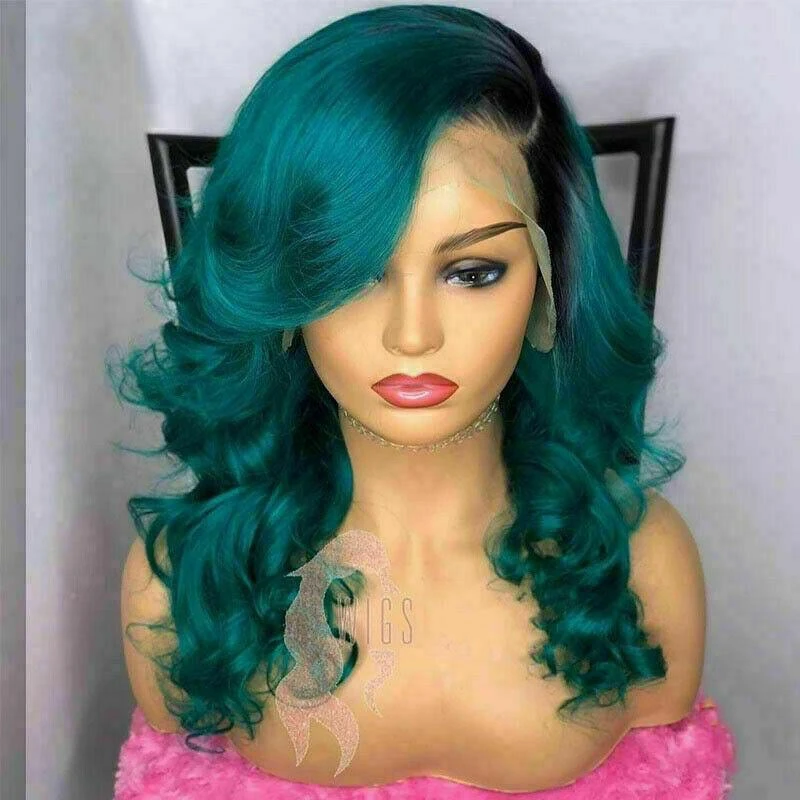 Luxury Remy Ombre Teal Green 100% Human Hair Swiss 13x4 Lace Front Glueless Wig Body Wave Wavy Colouful U-Part Or Full Lace Upgrade Available