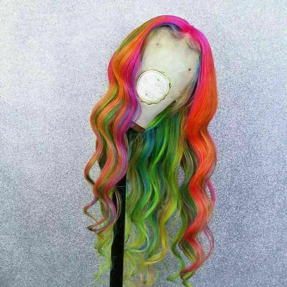 Luxury Lace Rainbow Orange Purple Green Blue Carnival Cosplay 100% Human Hair Swiss 13x4 Lace Front Glueless Wig Colouful - Image 3
