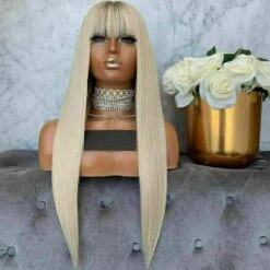 Luxury Platinum Blonde Fringe Bangs 100% Human Hair Swiss 13x4 Lace Front Glueless Wig U-Part, 360 Or Full Lace Upgrade Available