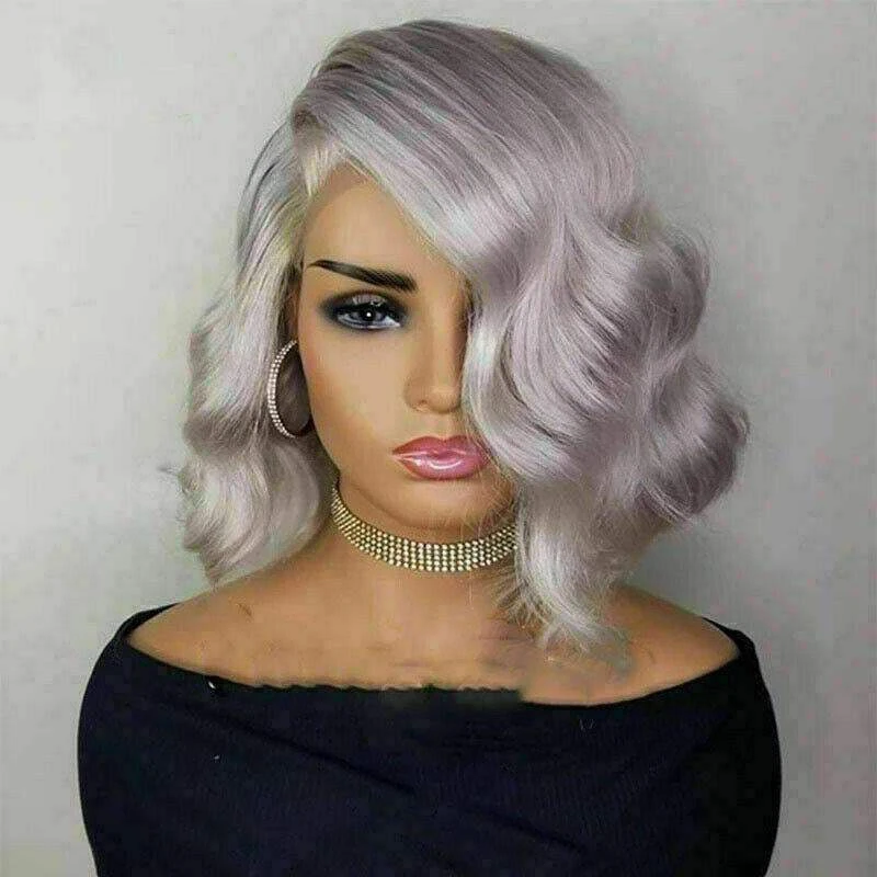 Luxury Light Silver Grey Gray Body Wave Bob 100% Human Hair Swiss 13x4 Lace Front Glueless Wig Colouful U-Part Or Full Lace Upgrade Available