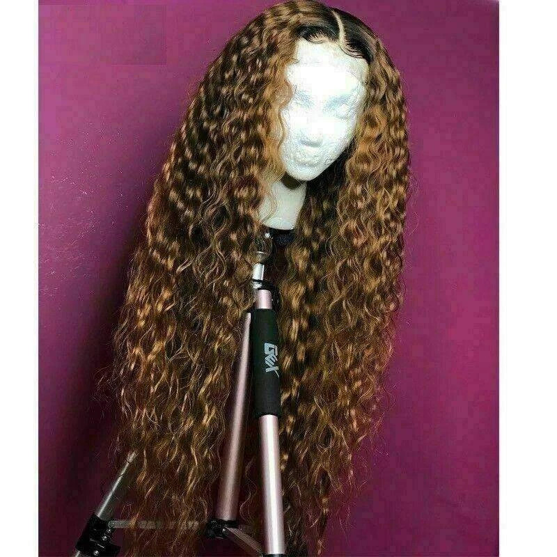 Luxury Curly Honey Ash Blonde Brown 100% Human Hair Swiss 13x4 Lace Front Glueless Wig Wavy U-Part, 360 Or Full Lace Upgrade Available