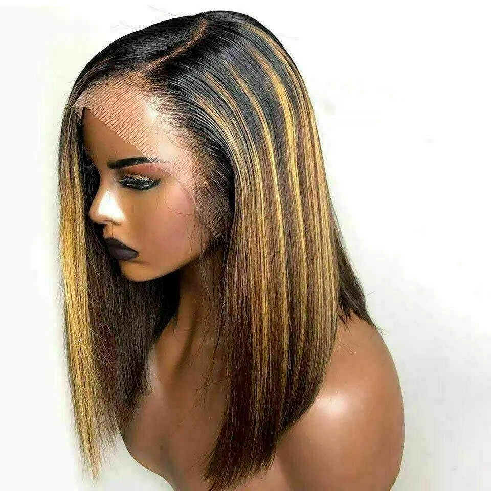 Luxury Remy Bob Ombre Balayage Highlight 100% Human Hair Swiss 13x4 Lace Front Wig Blonde Brown U-Part, 360 Or Full Lace Upgrade Available