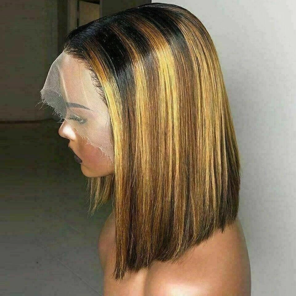 Luxury Remy Bob Ombre Balayage Highlight 100% Human Hair Swiss 13x4 Lace Front Wig Blonde Brown U-Part, 360 Or Full Lace Upgrade Available - Image 3