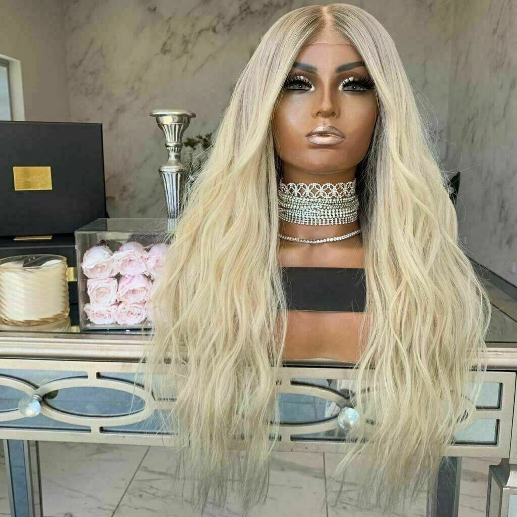 Luxury Remy Platinum Blonde Ombre 100% Human Hair Swiss 13x4 Lace Front Glueless Wig Wavy U-Part, 360 Or Full Lace Upgrade Available - Image 3