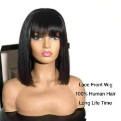 Luxury Brazilian Fringe Bangs Bob #1B Black 100% Human Hair Swiss 13x4 Lace Front Glueless Wig Short U-Part, 360 Or Full Lace Upgrade Available