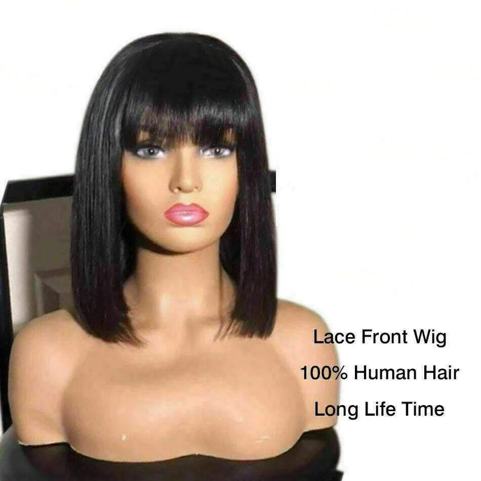 Luxury Brazilian Fringe Bangs Bob #1B Black 100% Human Hair Swiss 13x4 Lace Front Glueless Wig Short U-Part, 360 Or Full Lace Upgrade Available
