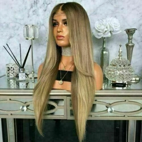 Luxury Light Brown Blonde Balayage Highlight 100% Human Hair Swiss 13x4 Lace Front Wig Highlight U-Part, 360 Or Full Lace Upgrade Available - Image 3