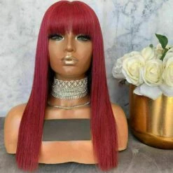 Luxury Red Burgundy Fringe Bangs 100% Human Hair Swiss 13x4 Lace Front Glueless Wig Colouful U-Part, 360 Or Full Lace Upgrade Available