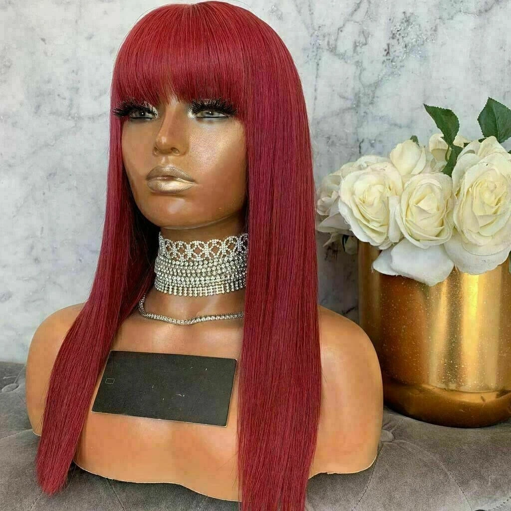 Luxury Red Burgundy Fringe Bangs 100% Human Hair Swiss 13x4 Lace Front Glueless Wig Colouful U-Part, 360 Or Full Lace Upgrade Available - Image 2