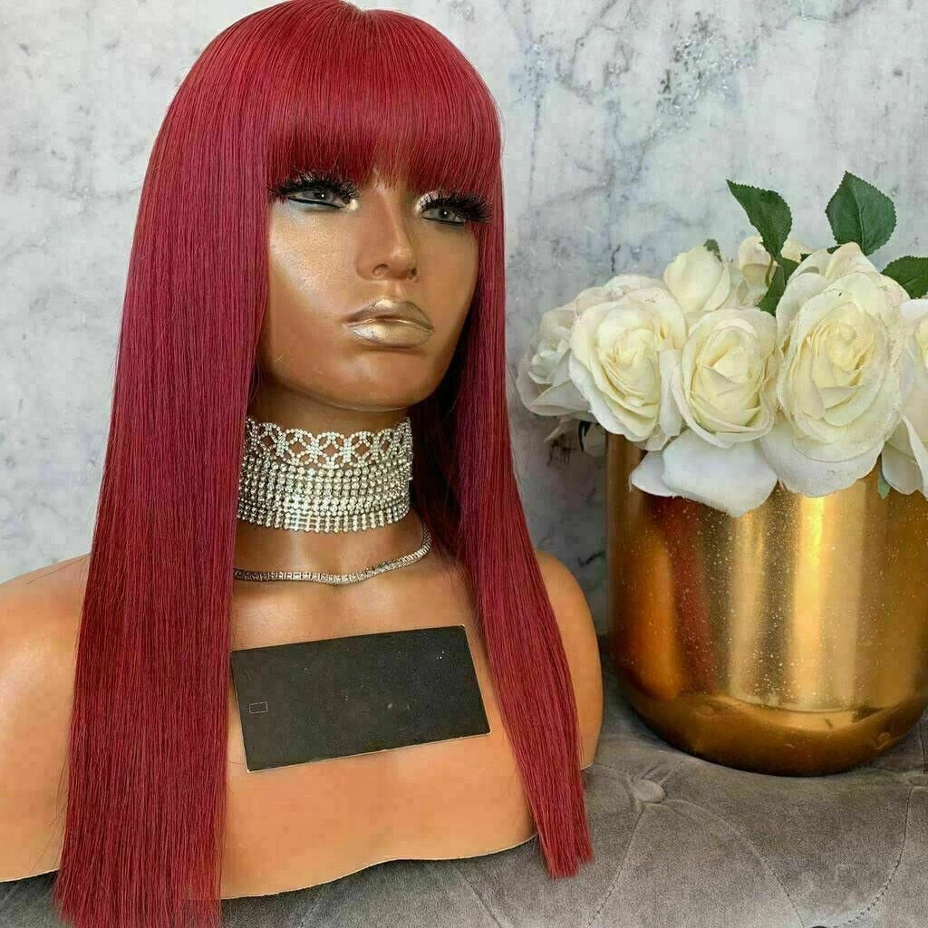 Luxury Red Burgundy Fringe Bangs 100% Human Hair Swiss 13x4 Lace Front Glueless Wig Colouful U-Part, 360 Or Full Lace Upgrade Available - Image 3