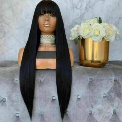 Luxury Remy Fringe Bangs #1B Natural Black Black 100% Human Hair Swiss 13x4 Lace Front Glueless Wig U-Part, 360 Or Full Lace Upgrade Available