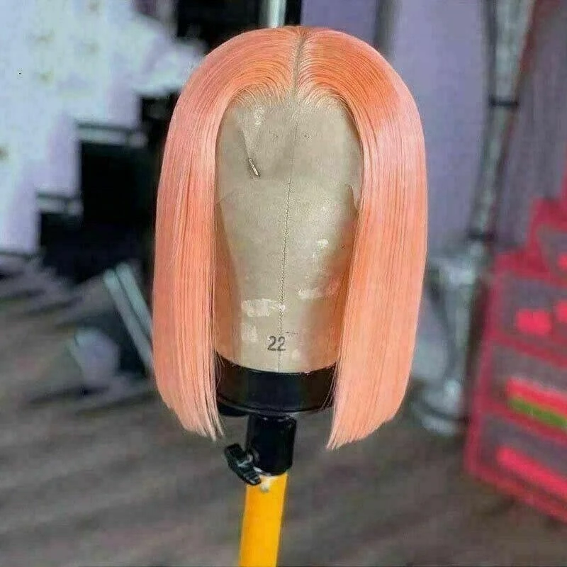 Luxury Brazilian Coral Peach Pink Bob 100% Human Hair Swiss 13x4 Lace Front Glueless Wig Orange Colouful U-Part Or Full Lace Upgrade Available - Image 2