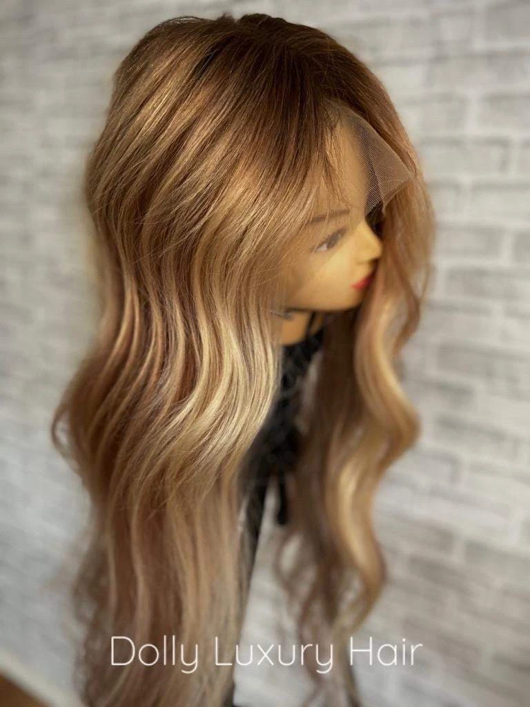 KARMEL | Luxe Golden Blonde Balayage Human Hair Swiss 13x4 Lace Front Wig Bleached Knots Transparent Lace Light Brown Full Lace Upgrade Available