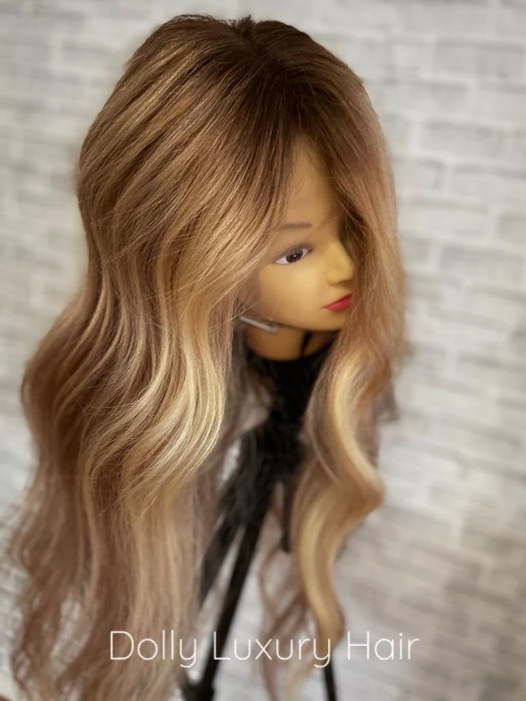 KARMEL | Luxe Golden Blonde Balayage Human Hair Swiss 13x4 Lace Front Wig Bleached Knots Transparent Lace Light Brown Full Lace Upgrade Available - Image 2