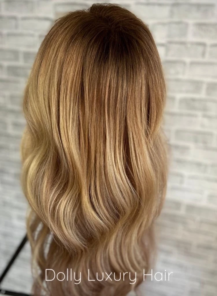 KARMEL | Luxe Golden Blonde Balayage Human Hair Swiss 13x4 Lace Front Wig Bleached Knots Transparent Lace Light Brown Full Lace Upgrade Available - Image 3