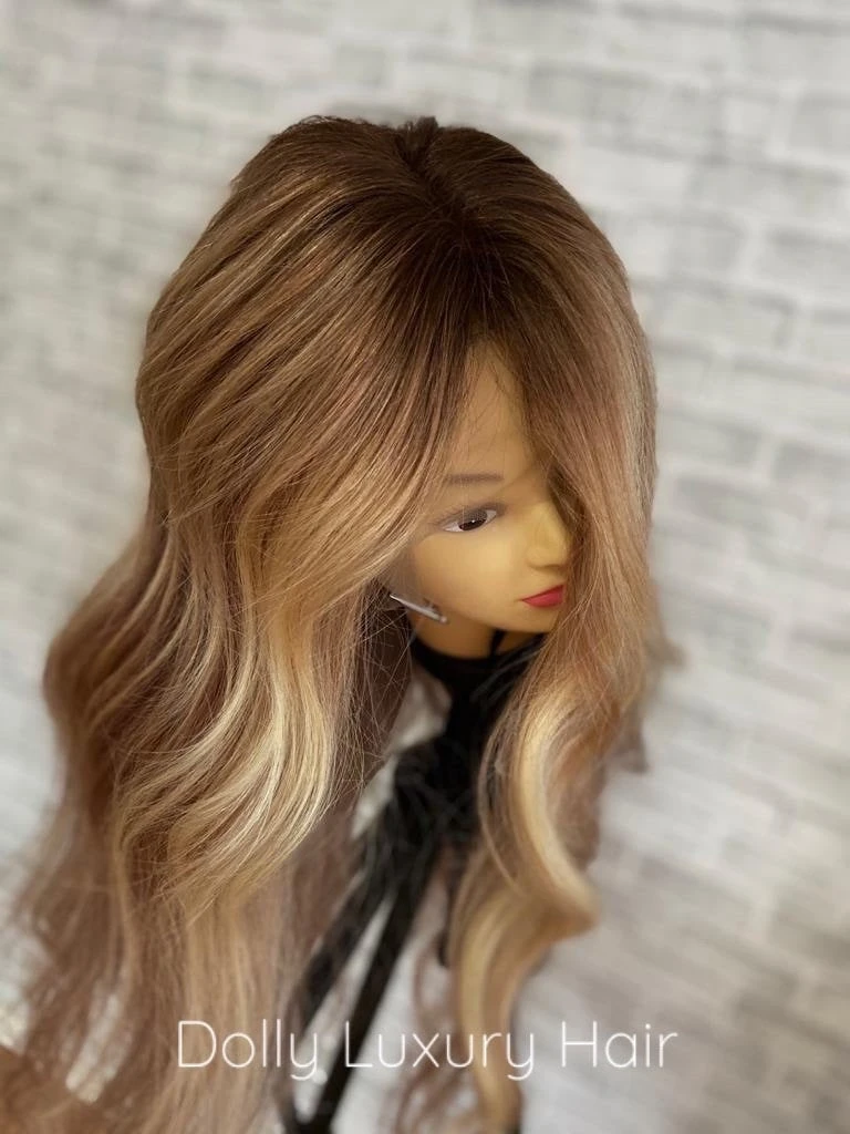 KARMEL | Luxe Golden Blonde Balayage Human Hair Swiss 13x4 Lace Front Wig Bleached Knots Transparent Lace Light Brown Full Lace Upgrade Available - Image 5