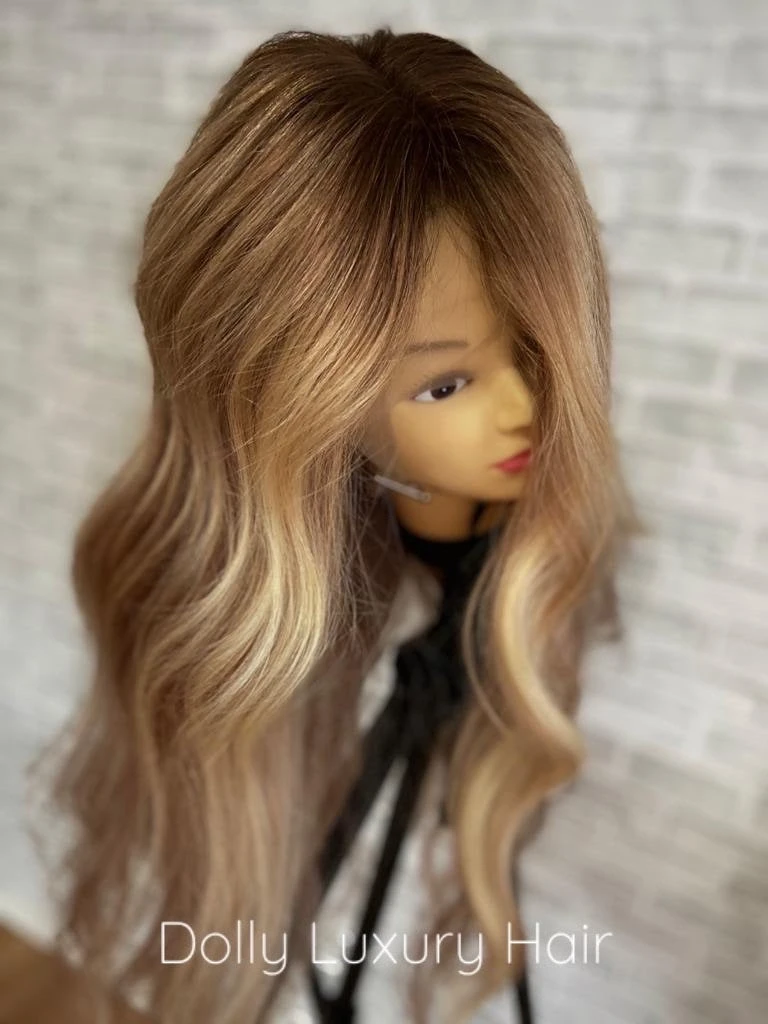 KARMEL | Luxe Golden Blonde Balayage Human Hair Swiss 13x4 Lace Front Wig Bleached Knots Transparent Lace Light Brown Full Lace Upgrade Available - Image 4