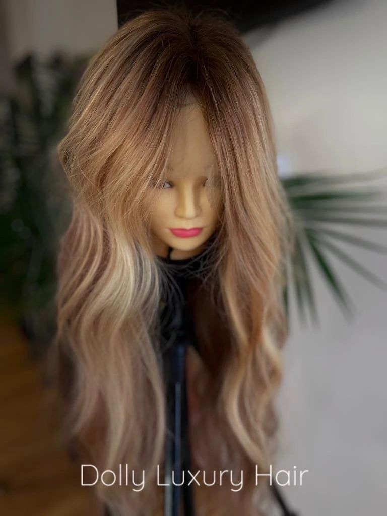 KARMEL | Luxe Golden Blonde Balayage Human Hair Swiss 13x4 Lace Front Wig Bleached Knots Transparent Lace Light Brown Full Lace Upgrade Available - Image 6