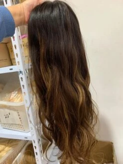 Luxury READY TO SHIP 22” 130% Silk Top Dark Brown Blonde Balayage Human Hair Full Lace Wig Transparent Glueless Small Cap