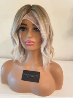 READY TO SHIP 10” 180% Ash Blonde Light Platinum Balayage Highlighted Human Hair Wig Full Fringe Bangs Layers 13x4 Lace Front