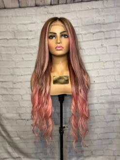 READY TO SHIP 28” 180% Full Lace Pink & Brown Balayage Highlighted Human Hair Wig