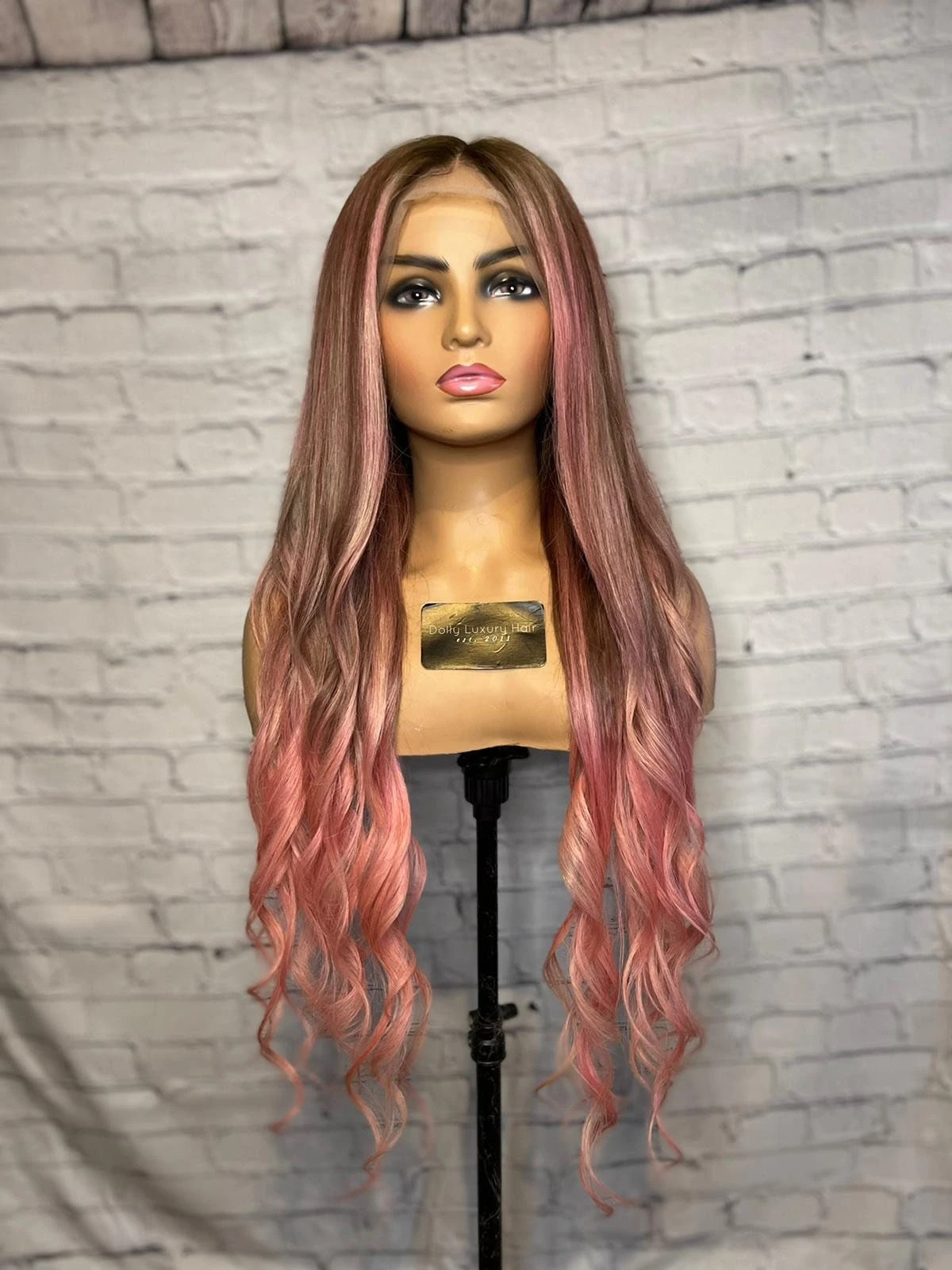 READY TO SHIP 28” 180% Full Lace Pink & Brown Balayage Highlighted Human Hair Wig