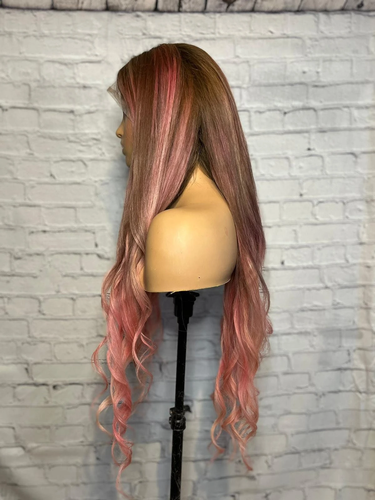 READY TO SHIP 28” 180% Full Lace Pink & Brown Balayage Highlighted Human Hair Wig - Image 2